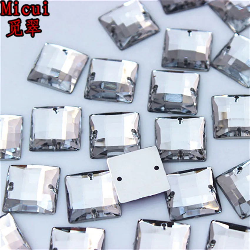 Micui 100PCS 12mm Square Crysta Rhinestone Sew On Acrylic Flat Back Crystals and Stones For Clothing Dress Decorations MC779