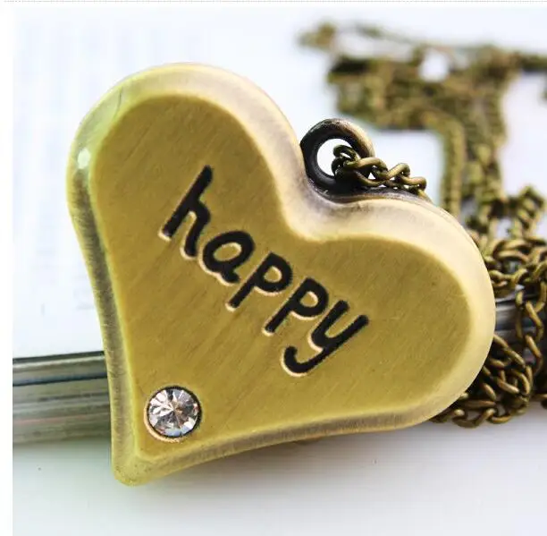 Retro Love Shaped Happy Ladies Pocket Watch Flip Cover Jewelry Quartz Chain Necklace Watch Men Women Gift 10pca