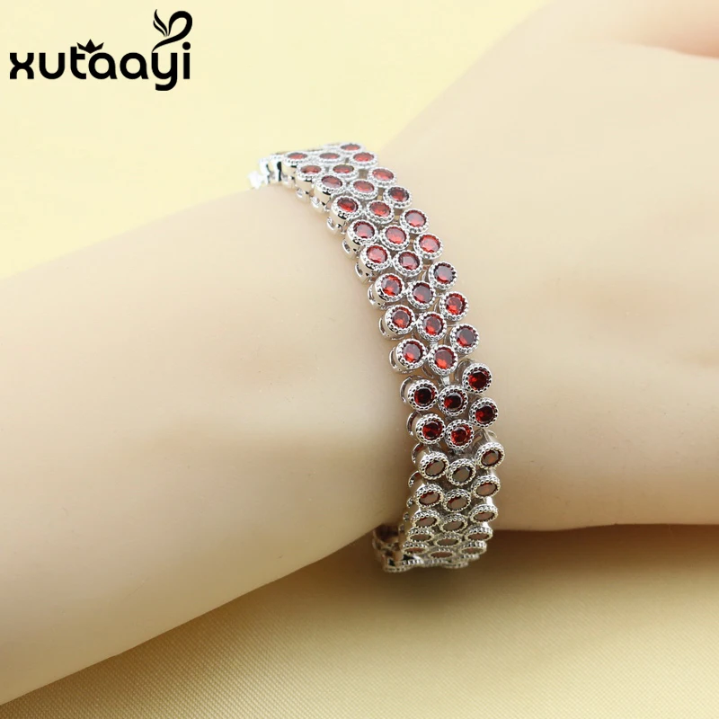 New Fashion Silver Color Bracelet For Women Attractive Red Created Garnet Huge Bracelet Length 19cm