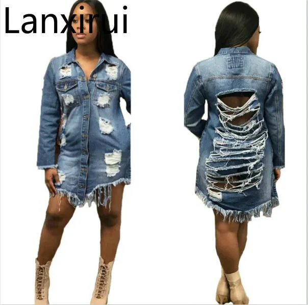 Women Blue Denim Ripped Detail Hole Coat Boyfriend Denim Jacket  New Fashion Women Clothes