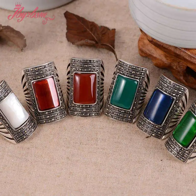 

13x22mm Rectangle:Crystal ,Agat Stone Inlaid Marcastie Tibetan Silver Classical Ring 1 Pc #7-#9,Send Random Size Free Shipping