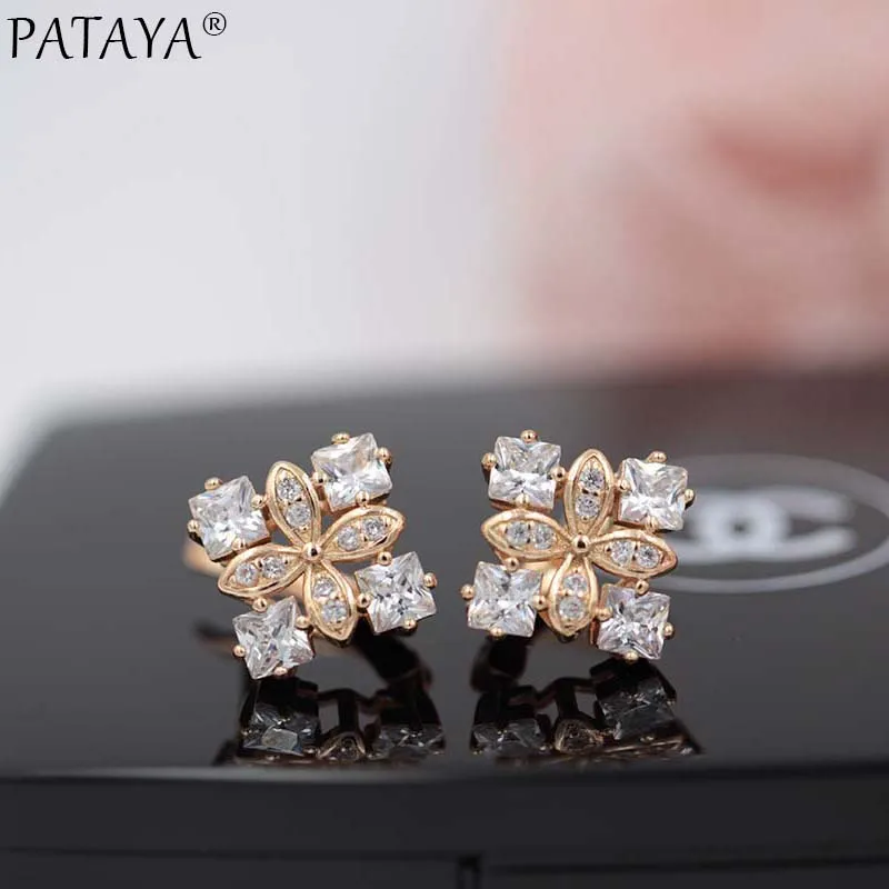 PATAYA Women Square Luxury Earrings 585 Rose Gold Color Water Drop Natural Zircon Wedding Accessories Jewelry Ethnic Earring