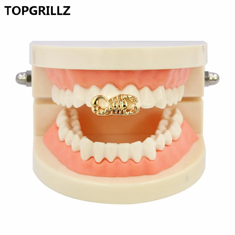 TOPGRILLZ Scorpion Grillz Stinger Teeth Grillz Gold Tone Scorpio Double Cap Iced-Out Tooth Grills,Gift,Party