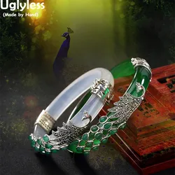 Uglyless Real 925 Sterling Silver Bangles for Women Thai Silver Animal Chalcedony Peacock Bangles Jade Creative Bracelet Jewelry