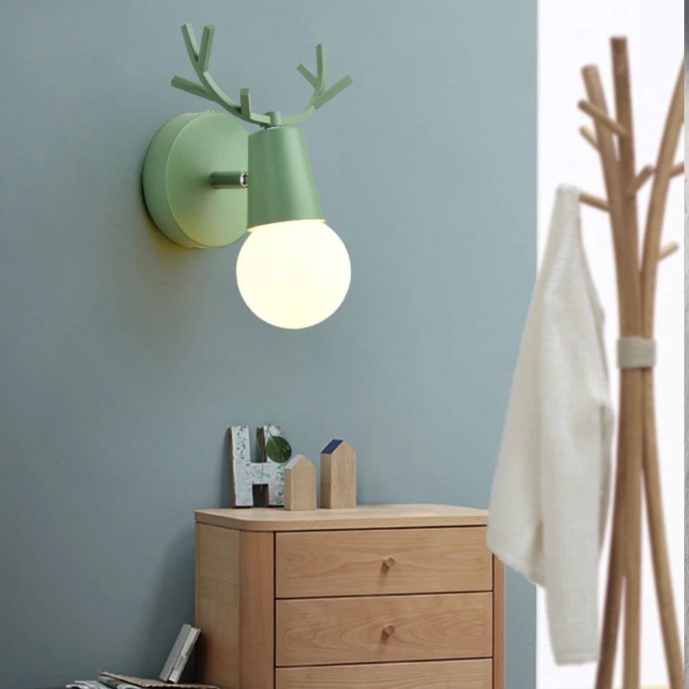 Nordic Adjustable LED Wall Lights Colorful Cartoon Deer Antlers Bedroom Reading Sconce Wall Mounted Children Room Lighting E27