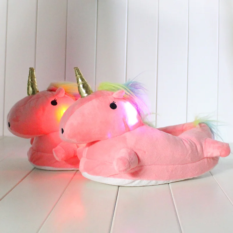 29CM Winter Led Light Unicorn Slippers Warm Fluffy Floor Adult Slippers For House Bedroom Footwarmer