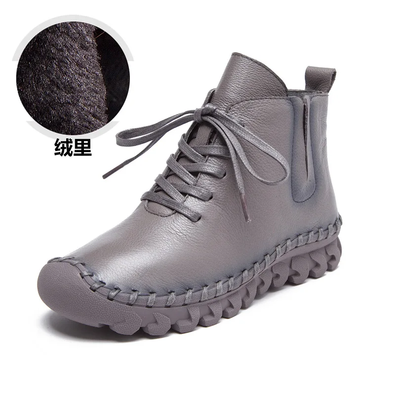 Lace-up Genuine Leather Women Boots A518 Fashion Casual Low Tube Round Toe Real Leather Shoes Winter Shoes Warm Thick