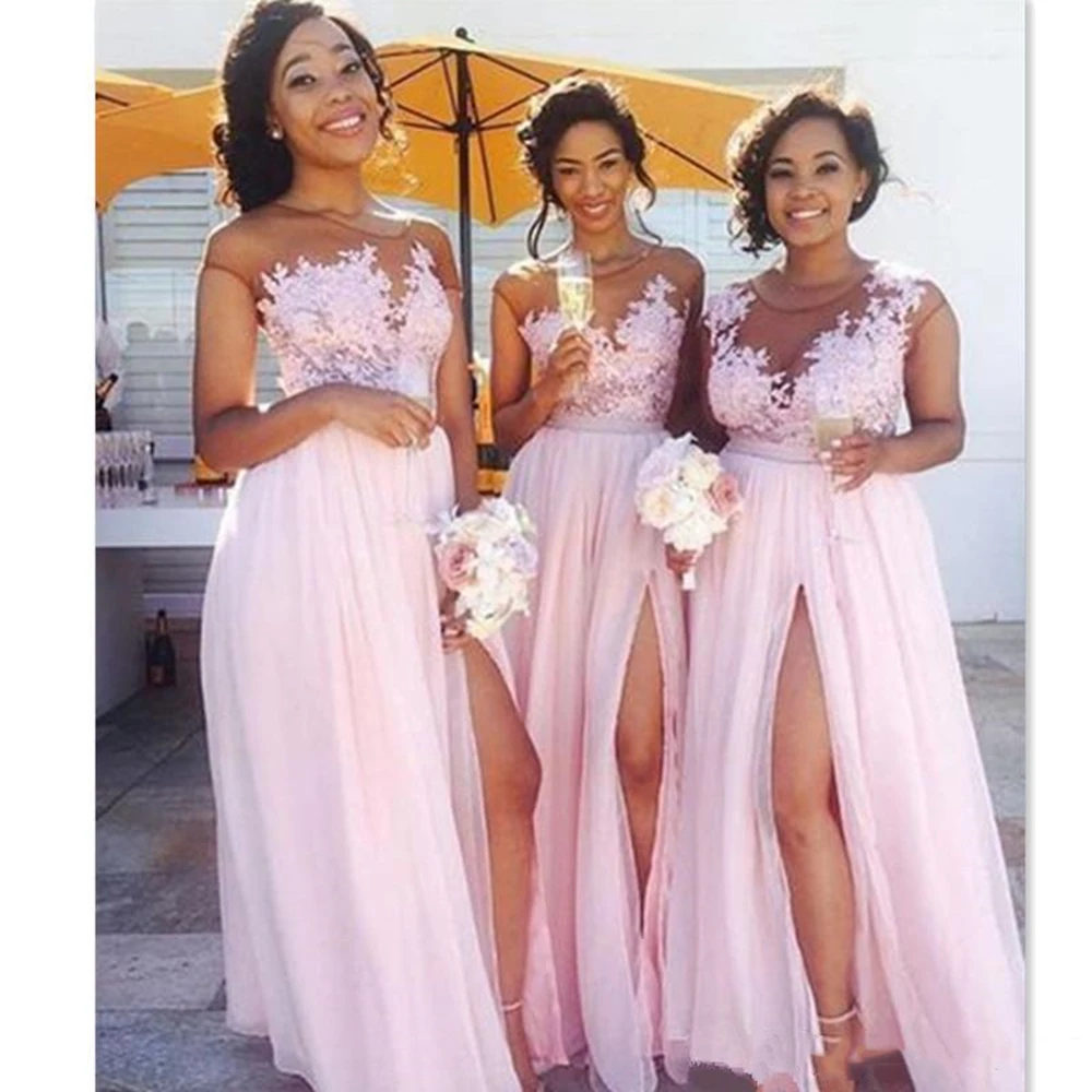 Cheap Country blush pink bridesmaid dresses Sexy sheer Jewel neck lace appliques maid of honor dress split formal evening gowns