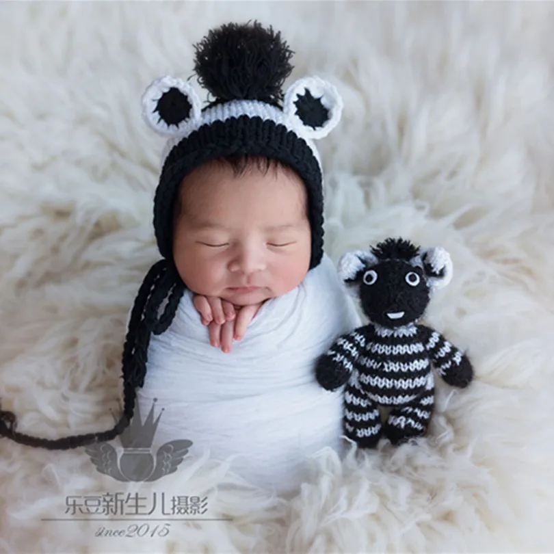 

Newborn knit bonnet matched Zebra toy set Knitted baby boy bonnet hat photography props Newborn pixie beanie photo props