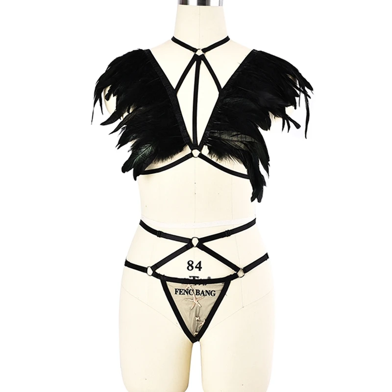 

Body Harness Set Women Black Feather Top Cage Harness Bra Gothic Transparent Mesh Embroidery Pentagram G-string Harness