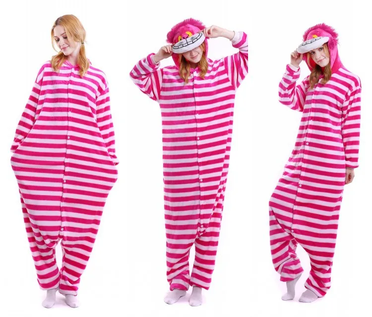 Women Flannel Kigurumi Cheshire Cat Animal Onesies Pajamas Halloween Carnival Masquerade Party Cosplay Costume