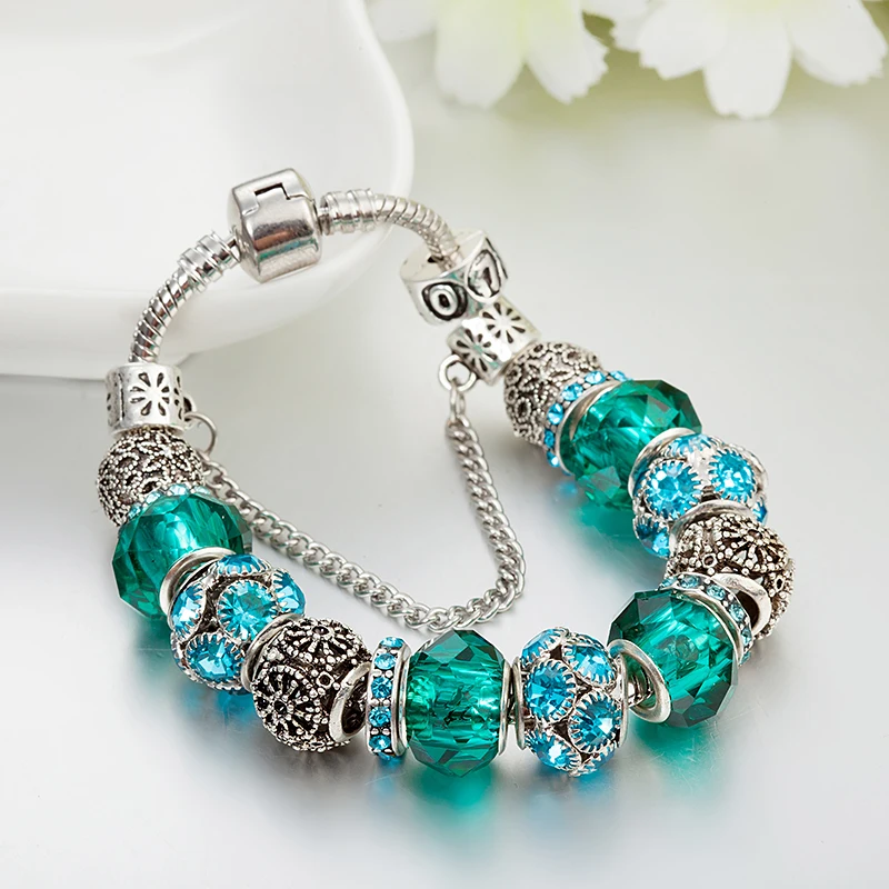 ANNAPAER High Quality Blue Crystal Bracelet with Green Murano Beads Charm Fit Pan Original Bangles for Women DIY Jewelry B16088