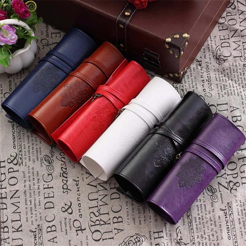 Fashion Vintage Roll PU Leather Pencil Case Twilight Pen Pouch Student Stationery Gift Woman Cosmetic Storage Bag Pencilcase