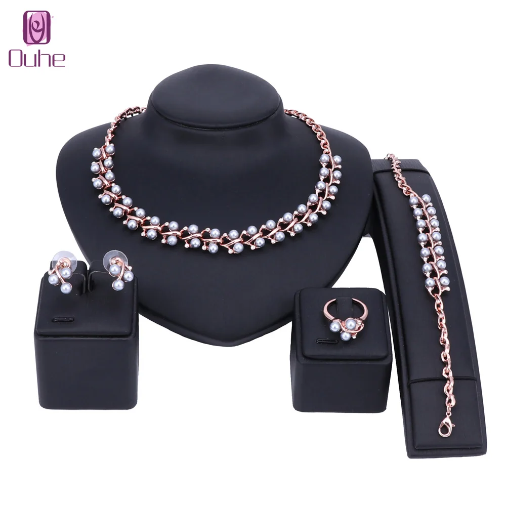 OUHE High Quality Classic Imitation Pearl Necklace Gold-Color Jewelry Set Women Clear Crystal Elegant Party Gift Fashion Costume