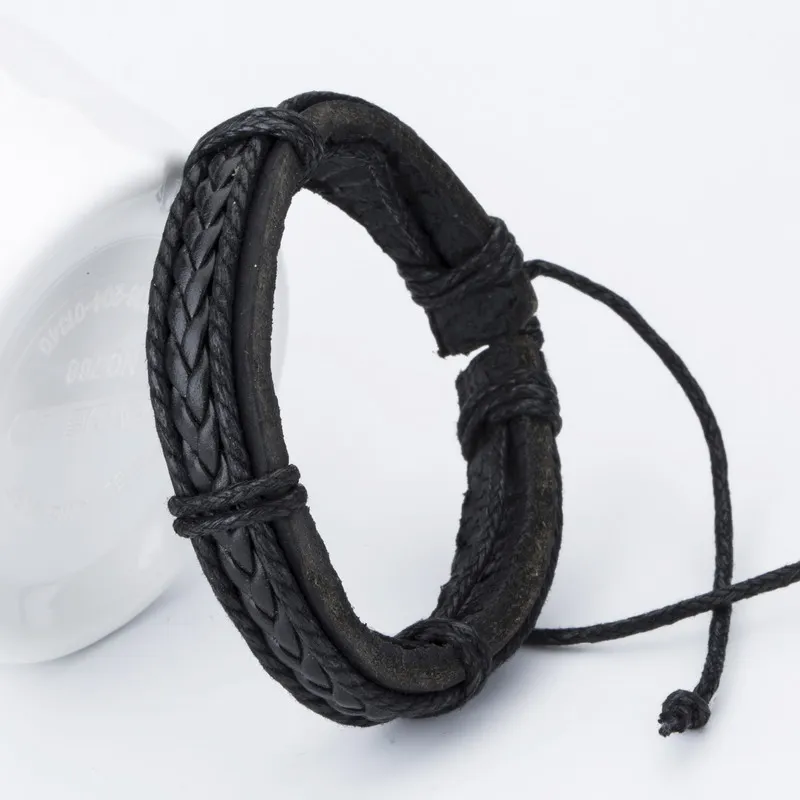 TYO Fashion Charm Leather Bangle Men\'s Bracelets Popular DIY Bandage Handmade Black Weave Bracelets!Resize 18-25cm