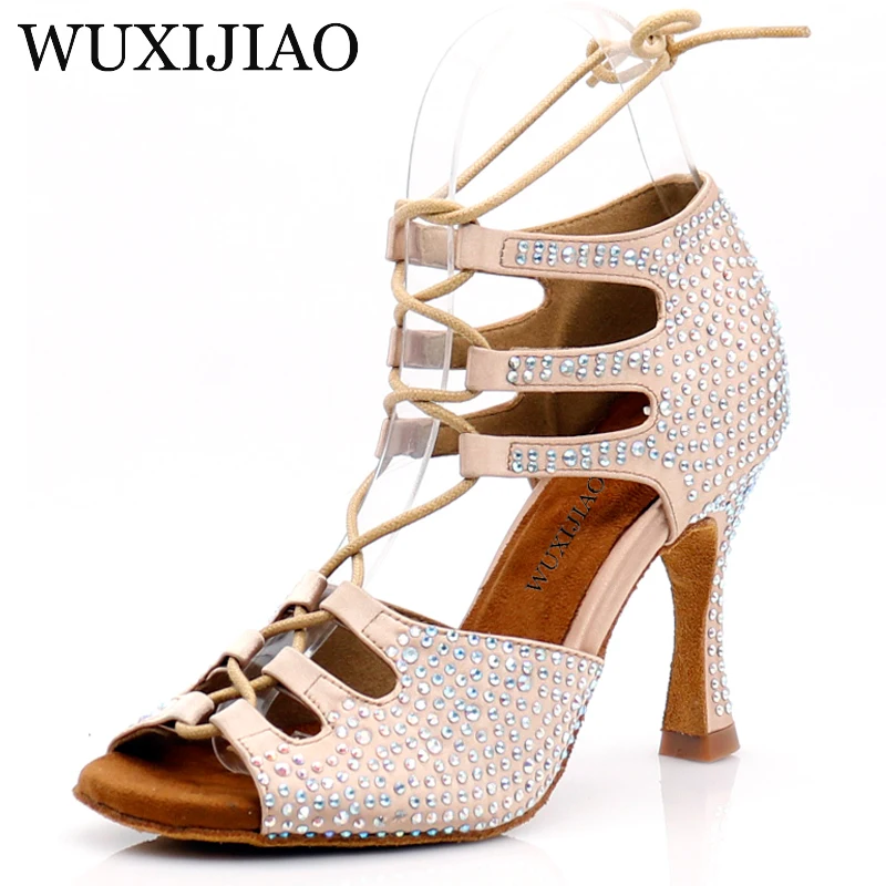 

WUXIJIAOWomen Latin Dance Shoes apricot Satin Shining Big small rhinestone dancing shoes Narrow foot Adjust width Cuban heel 9cm