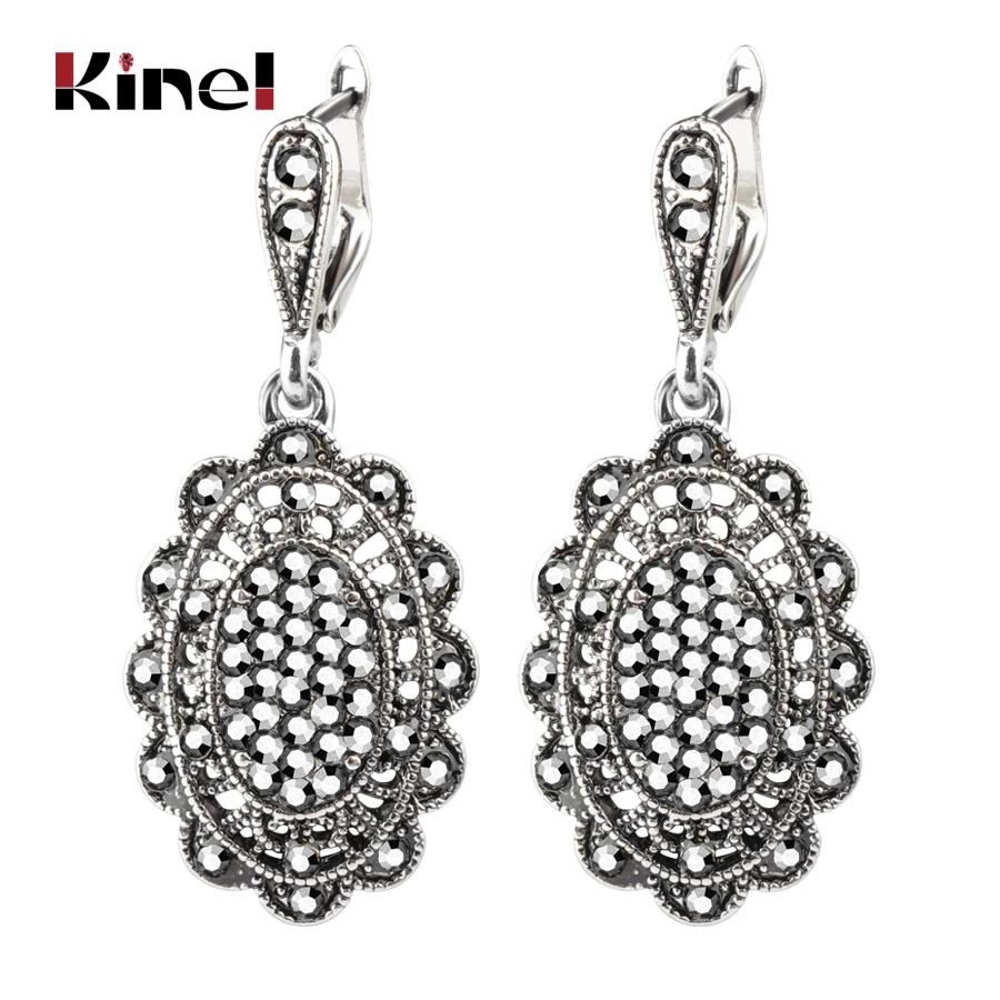 Kinel Hot Gray Crystal Drop Earrings Fashion Jewelry For Women Silver Color Hollow Petals Vintage Wedding Jewelry Wholesale