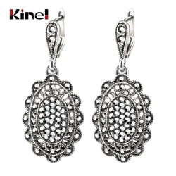 Kinel Hot Gray Crystal Drop Earrings Fashion Jewelry For Women Silver Color Hollow Petals Vintage Wedding Jewelry Wholesale