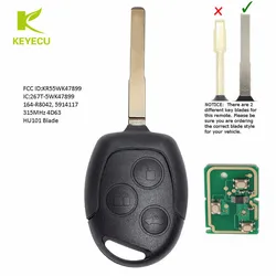 KEYECU Sostituzione Chiave A Distanza Dell'automobile FOB Trasmettitore 315MHz 4D60/4D63 Chip per Ford Fiesta 2011-2016 KR55WK47899 Uncut HU101 Lama