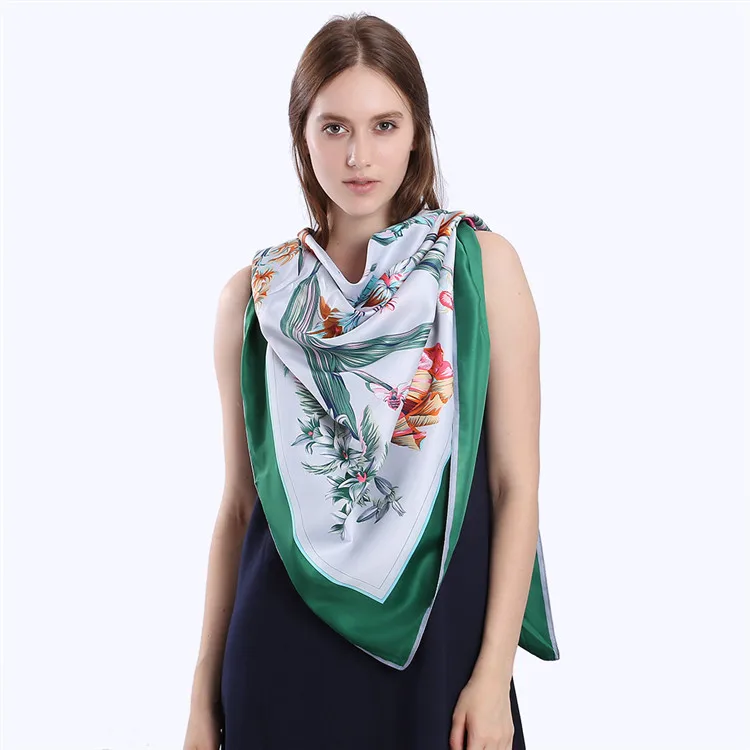 POBING 100% Silk Scarf Floral Print Woman Scarves&Wraps Square Foulards Big Hijab Lady Neckerchief Female Headband 130*130CM