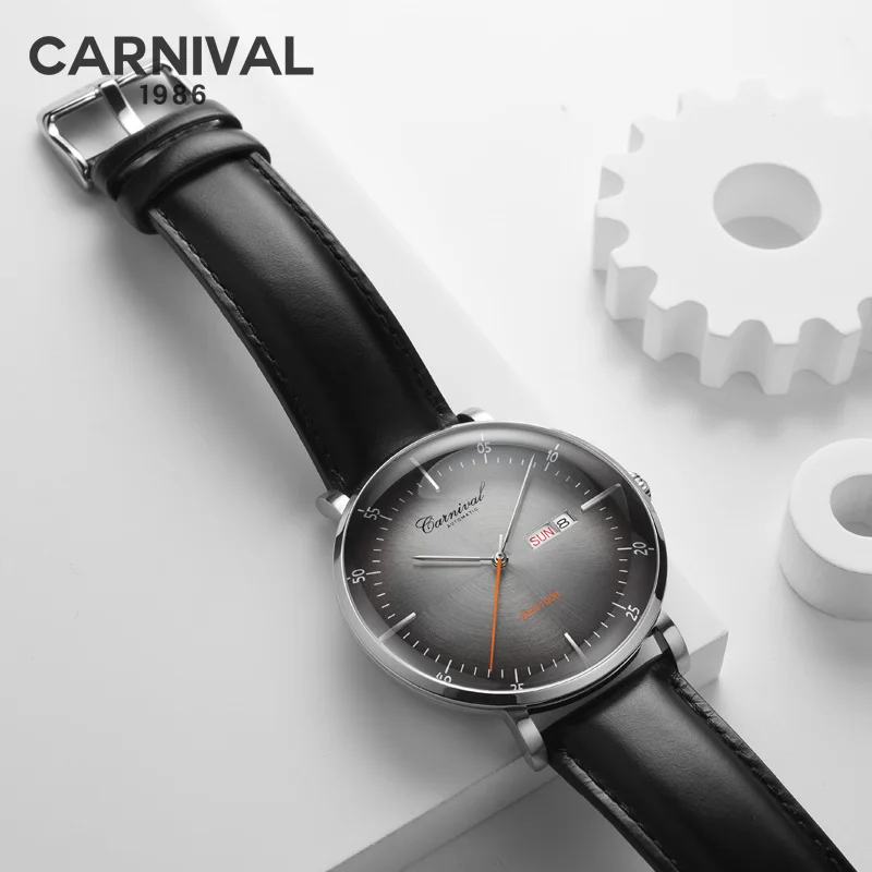 Fashion Ultra thin Mechanical Watch Men CARNIVAL Automatic Watch Self Wind MIYOTA Movement Leather Band Calendar Week Sapphire