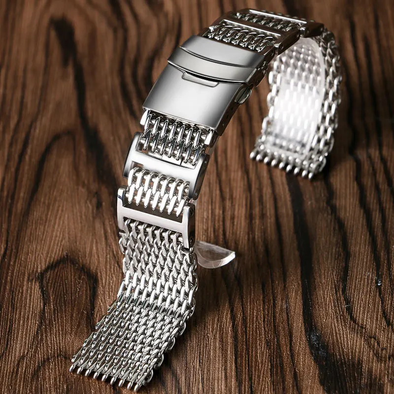 20mm 22mm 24mm Luxury Mesh Watch Band Strap Stainless Steel Replacement Folding Clasp with Safety Silver+ 2 Spring Bars