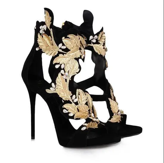 Luxury women high heel sandals cutouts Summer footwear leaf decoration low platform gold runway party shoes bling bling sandals