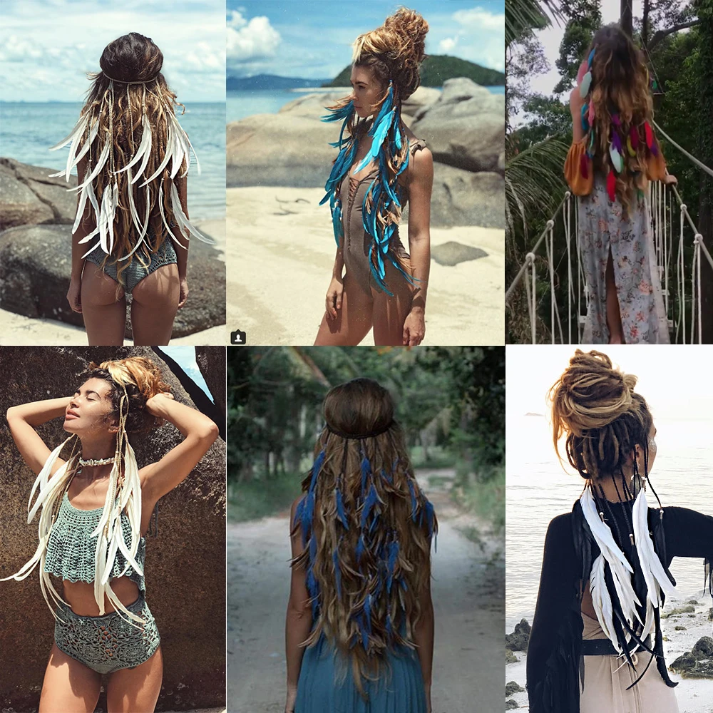 Haimeikang 2021 Feder Haar Band Böhmischen Blau Elastische Gypsy Festival Stirnband frauen Mode Haar Zubehör