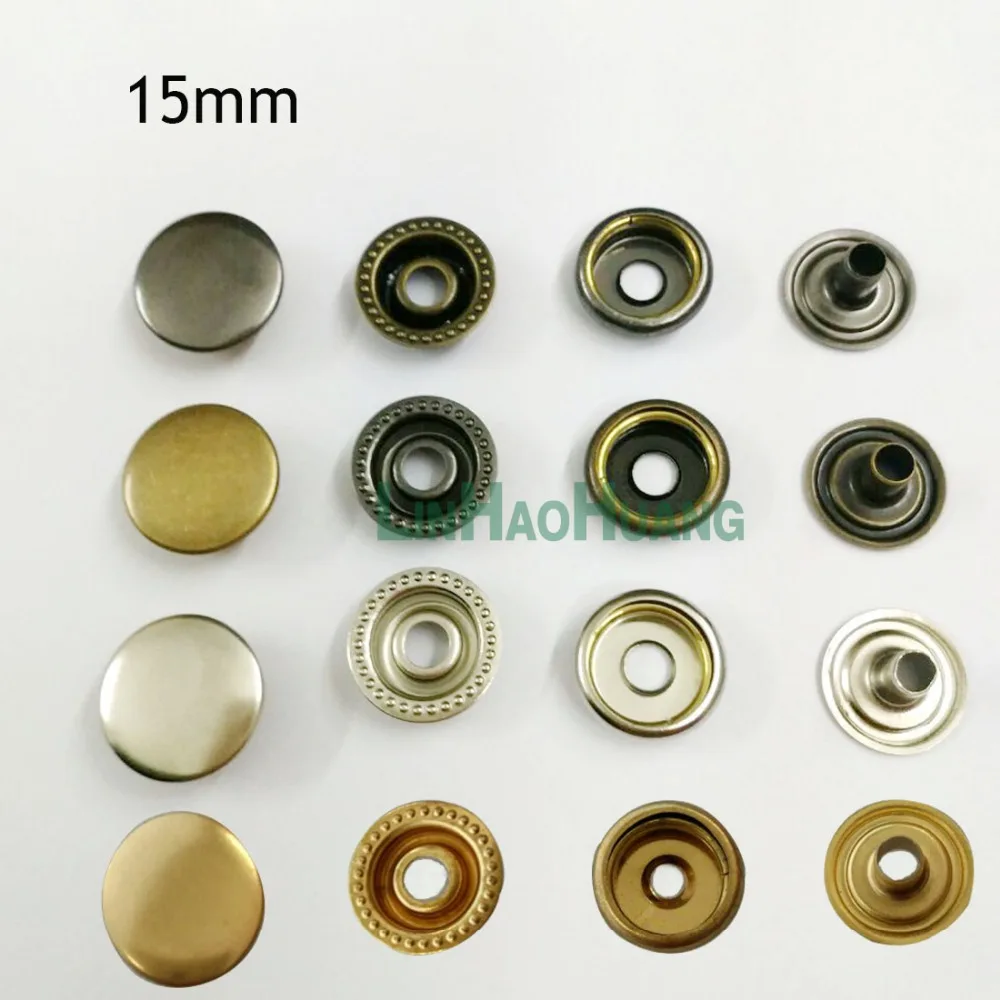 100sets/lot 15mm four part brass metal button ring snap press button snap fasteners silver, bronze, black ,ligth gold+tools