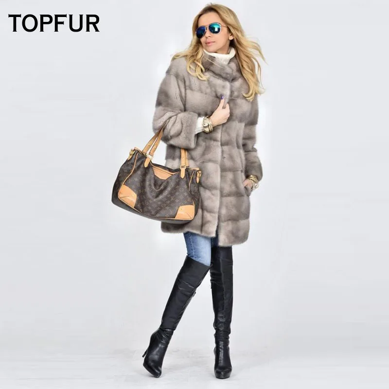 TOPFUR Genuine Leather Jacket Women Winter Coat Women Gray Jacket With Fur Collar Real Mink Fur Coat Women Real Fur Coat Outwear