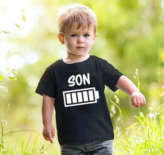 Summer Kids Tshirt Funny Battery Son Children Casual Short Sleeves Outfits Baby Boys Print Tee Shirt Boy Round Neck Shirt