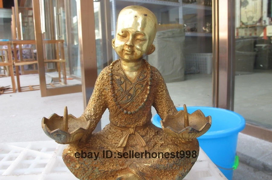 18CM Tibet Bronze Gilt gild Buddhism Little monk holding a candlestick Statue