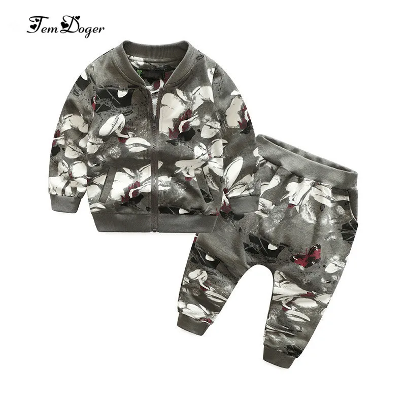 Tem Doger Children Clothing Sets 2017 Autumn Girls Boys Clothes Sports Suit Floral Zipper Coat+Pants 2pcs Kids Tracksuit for Boy