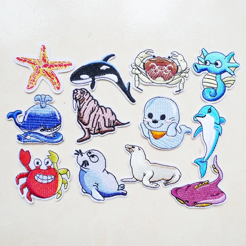 1Pcs Cartoon Sea Lion Animals Crab Seal Starfish Shark Embroidered Iron On Patches For DIY Clothing Stickers Accessories Badges