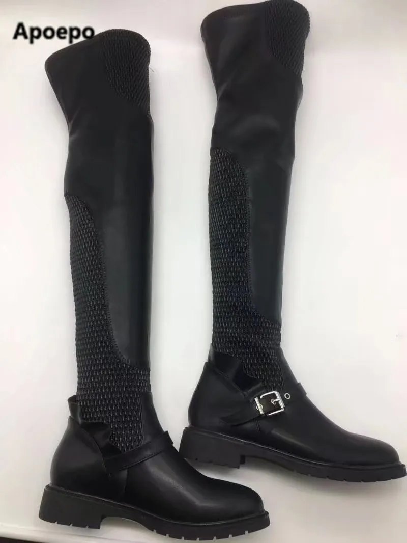 Sales brand design thigh high boots PU leather flats shoes women for winter metal decor stretch fabric ruffles Botas femininas