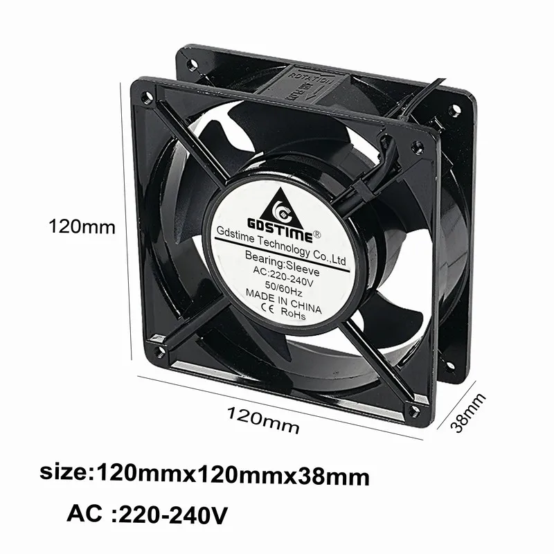 

1 pcs Gdstime AC Fan 220V 240V 120mm 120x120x38mm AC Cooler Metal Exhaust Cooling Fan 12cm 2 Wires Without Connector