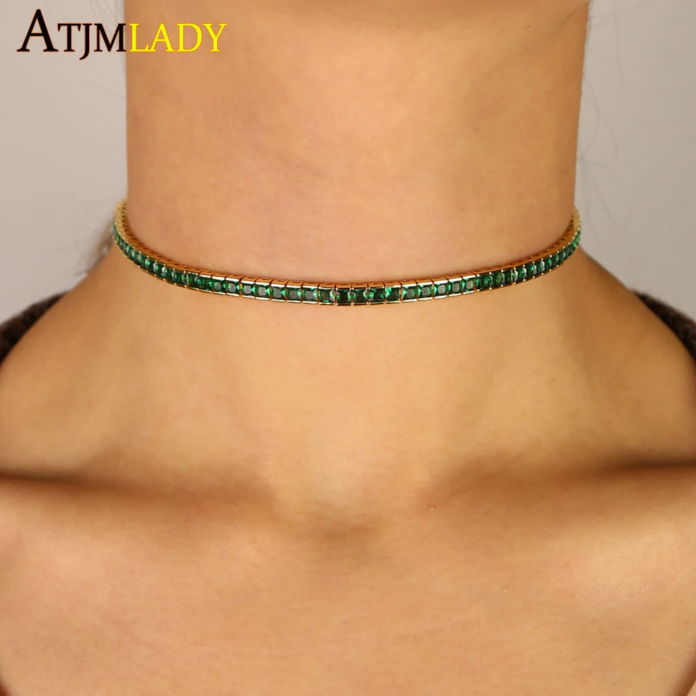 Collar de circonia cúbica para mujer, gargantilla de cadena de tenis de arcoíris verde de 4MM, con capas extendidas de 30 + 10cm, joyería de zirconia cúbica con bisel