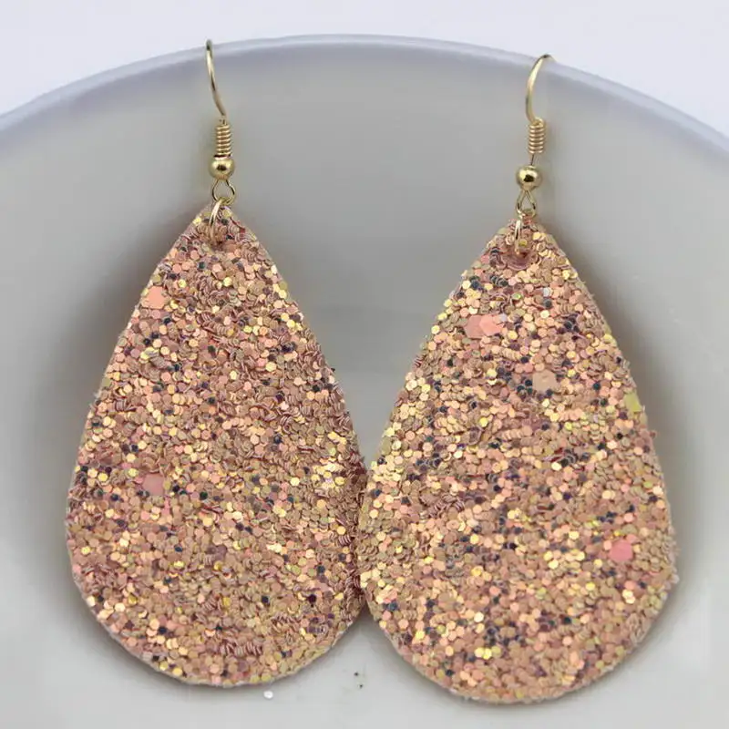 Glitter Teardrop Leather Earrings for Women Faux Leather Water Drop Earrings Wholesale Classic Jewelry