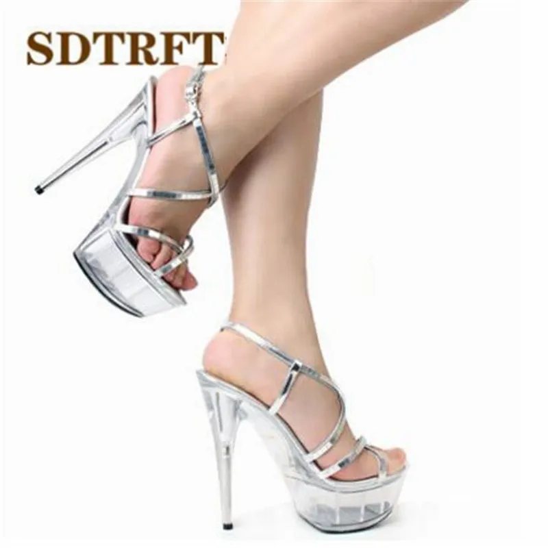 SDTRFT Plus:34-43 44 45 46 SUMMER Stilettos zapatos mujer Sliver Cross-strap sandals 15cm thin heels platform shoes woman pumps