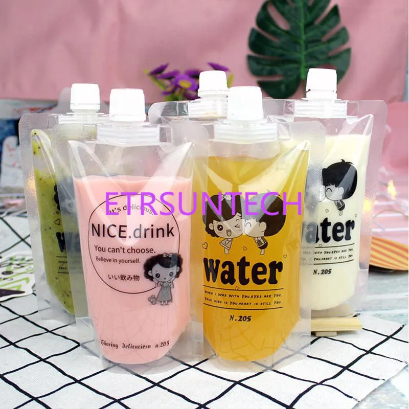 300pcs Cute Design Stand up Plastic Drink Packaging Spout Bag Pouch for Beverage Liquid Juice Milk Coffee Water