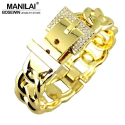 MANILAI Fashion Women Belt Design Bracelets Accessories Zinc Alloy Rhinestones Metal Charm Cuff Bangles Statement Jewelry Punk