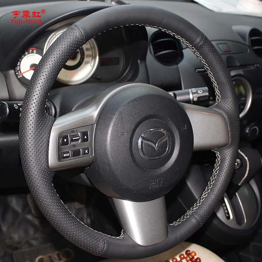 Yuji-Hong Top Layer Genuine Cow Leather Car Steering Wheel Covers Case for Mazda 2 2009-2012 Hand-stitched Steeing Cover