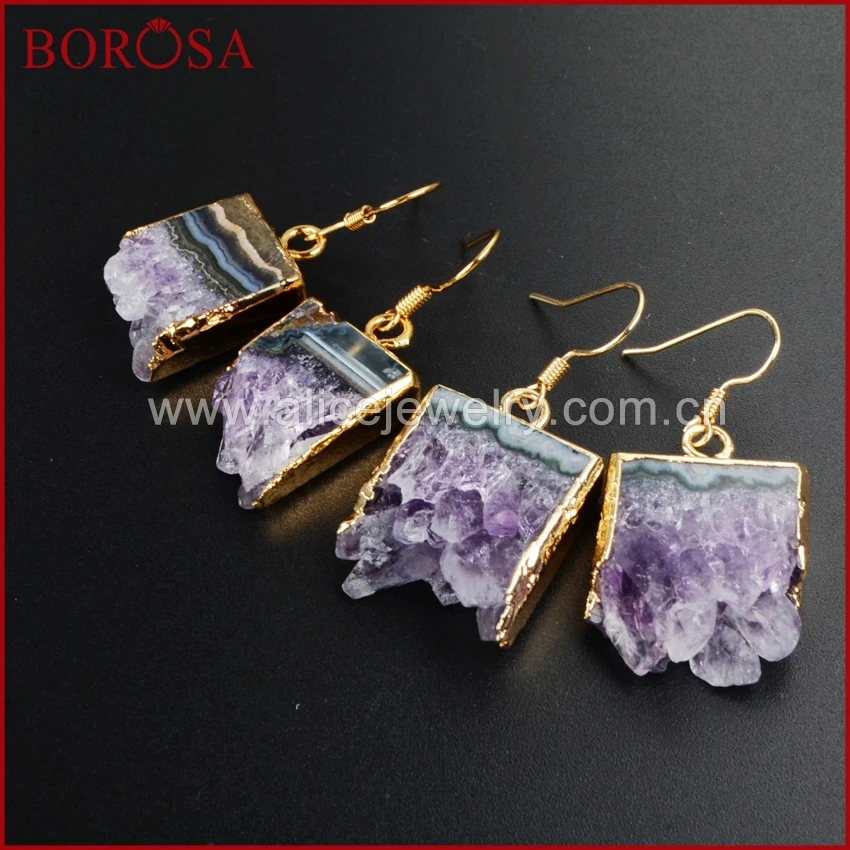 

BOROSA 5Pairs Natural Purple Geometry Irregular Crystal Earrings Druzy Slice Drusy Dangle Earring for Women jewelry WX014