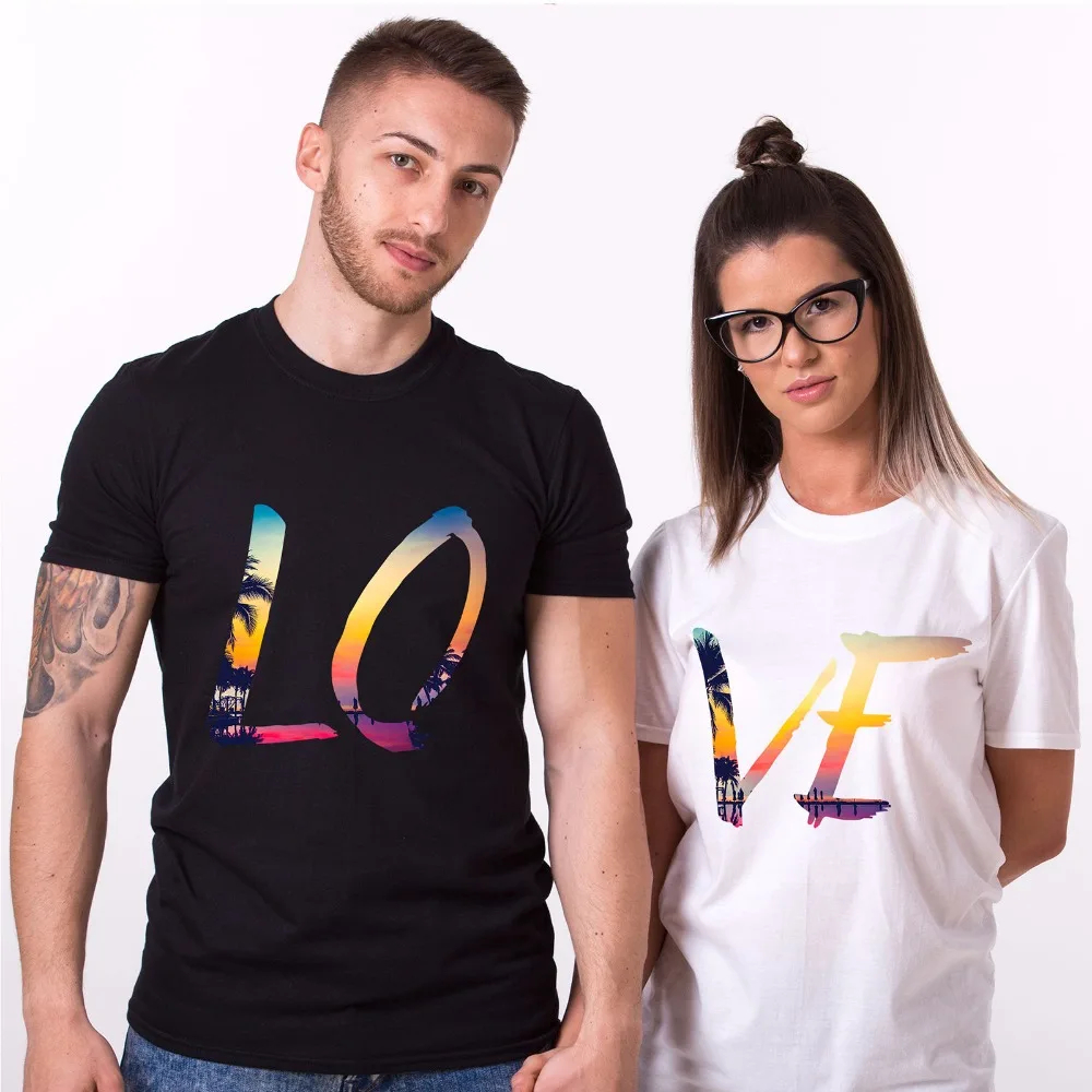 2019 100% cotton Two pieces for sale Couple T-Shirts LOVE Tropical Pattern Lover Matching Tees His and Hers Gift NEW Tee shirt