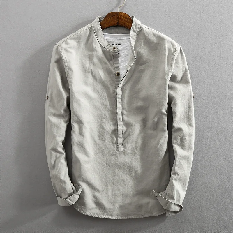 

Quality Mens Linen Cotton Pullover Shirts Solid Long Sleeve Casual Shirt Men Social Business Mandarin Collar Dress Shirts TS-472