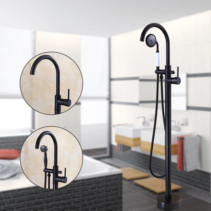 

Modern Free standing Bathtub Faucet Tub Filler Fashion Black Oil brushed Floor Mount with Hand shower Bathtub Mixer Tap