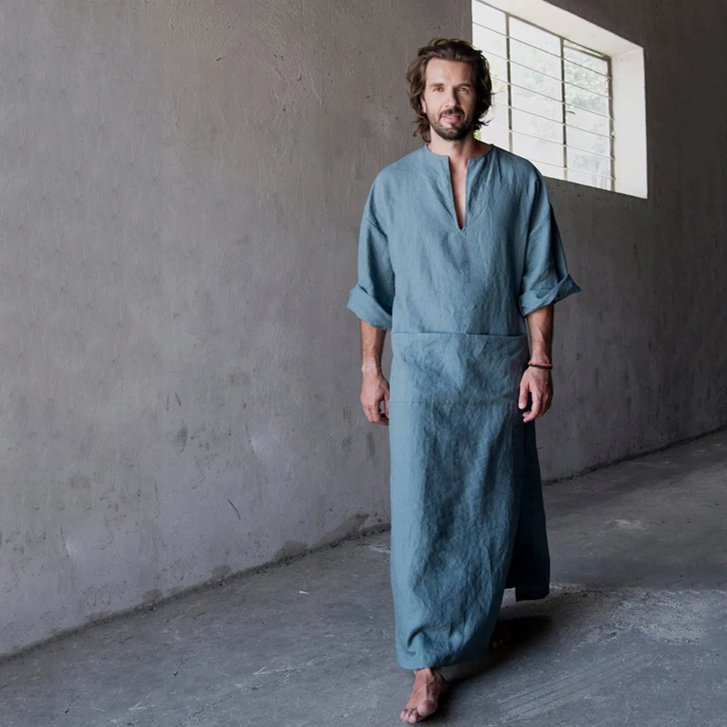 Mens Natural Linen Cotton Ultra Long Floor Length Robes Bathrobes Lounge Wear Casual Kaftan Thobe V Neck Long Gown Caftan Tunic