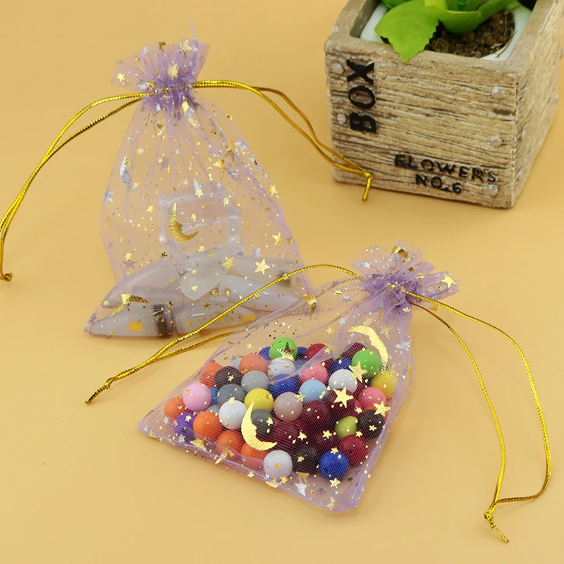 200pcs/lot Violet Color Star Moon Pattern Organza Bags 7x9cm Wedding Favour Gift bag Jewellery pouches