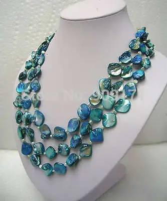 

Free Shipping Jewelry 3 ROWS Pearl & Blue Mother of shell Pearl Necklace