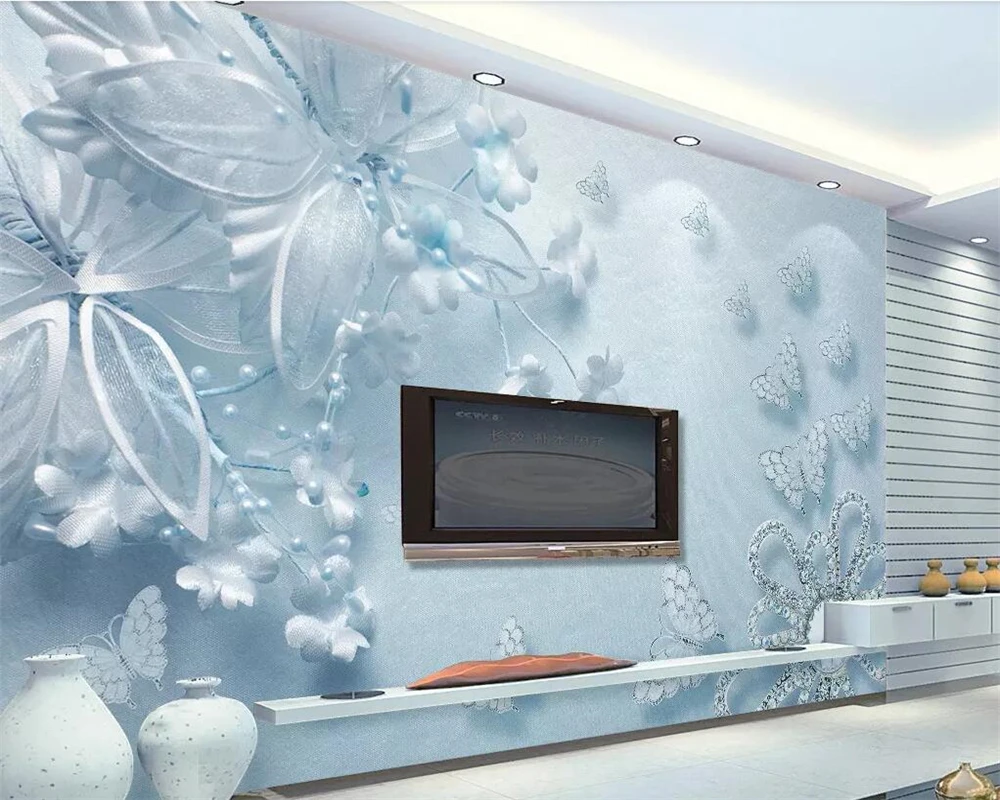 Custom wallpaper pure beautiful blue transparent flowers butterfly 3d TV background wall living room bedroom wallpaper